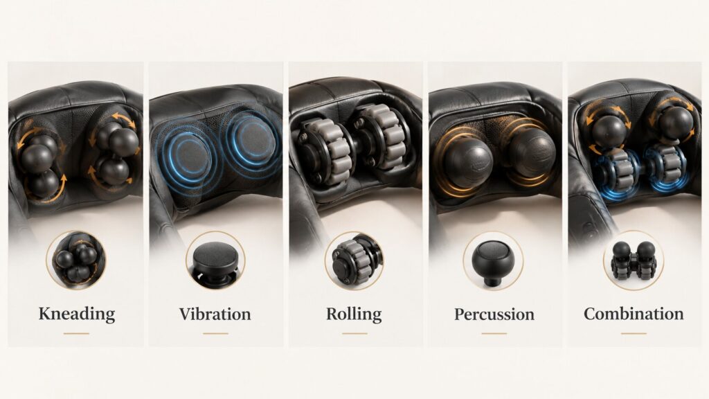 Different electric neck massager types including kneading, vibration, rolling and percussion