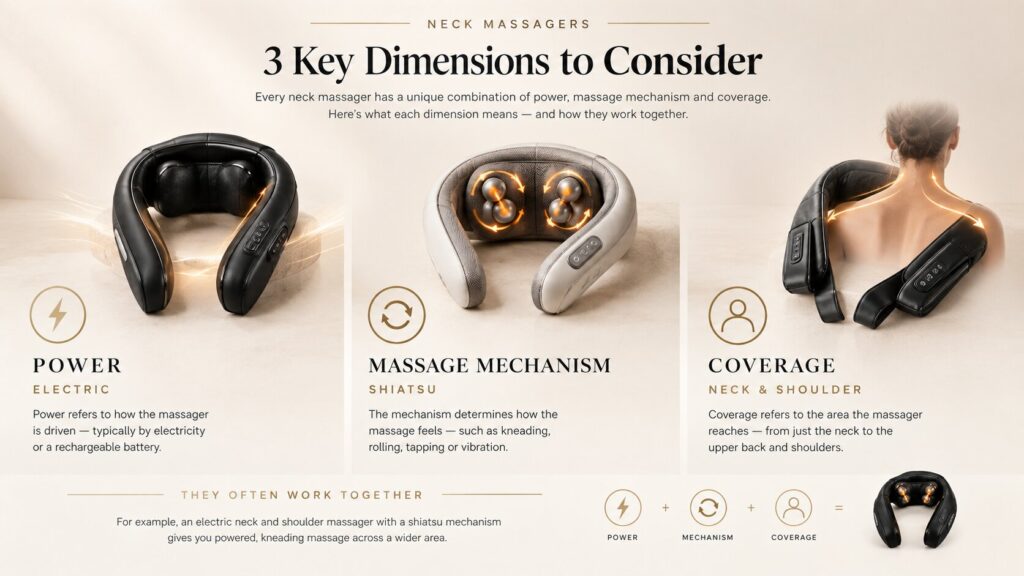 Electric, Shiatsu and Neck & Shoulder Massager Types Explained Diagram comparing electric shiatsu and neck and shoulder massager types