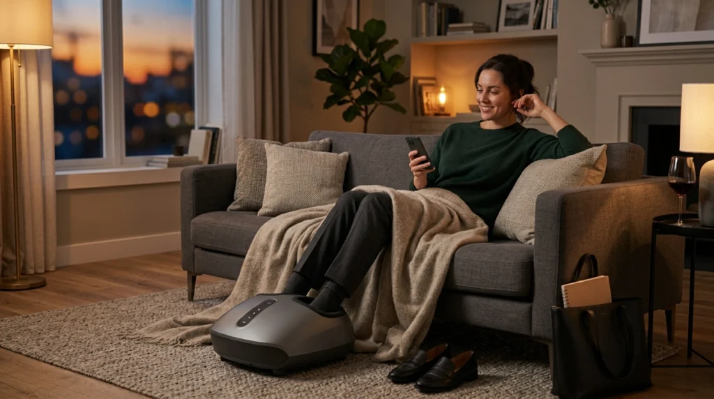 A Foot Massager That Fits Your Routine Adult using an electric foot massager as part of a relaxing end-of-day routine at home.