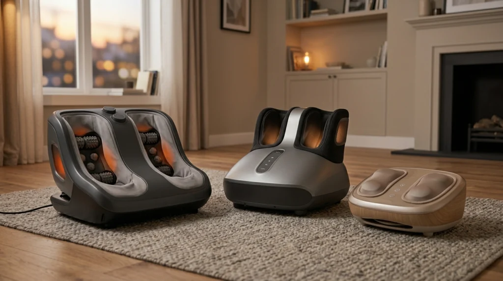 What to Look for in a Foot Massager Three electric foot massagers showing different designs, coverage and features for comparing models.