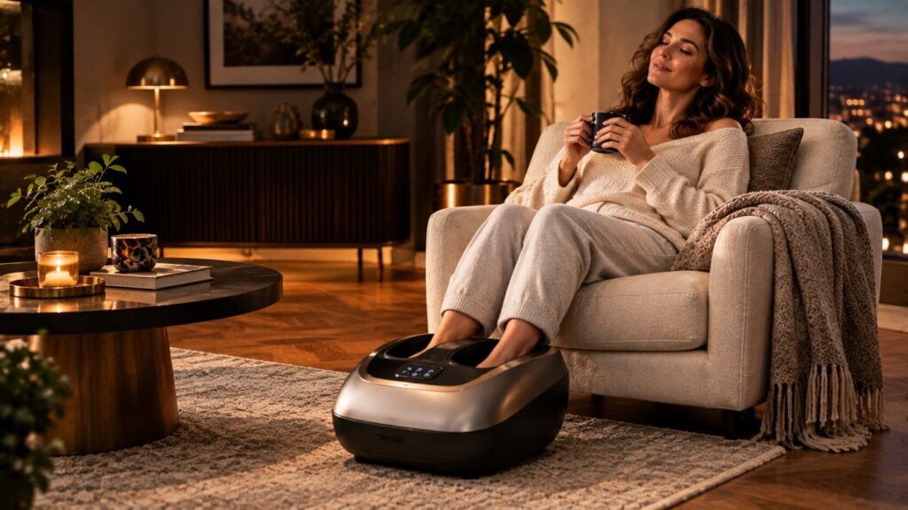 Using an electric foot massager as part of a relaxing home routine.