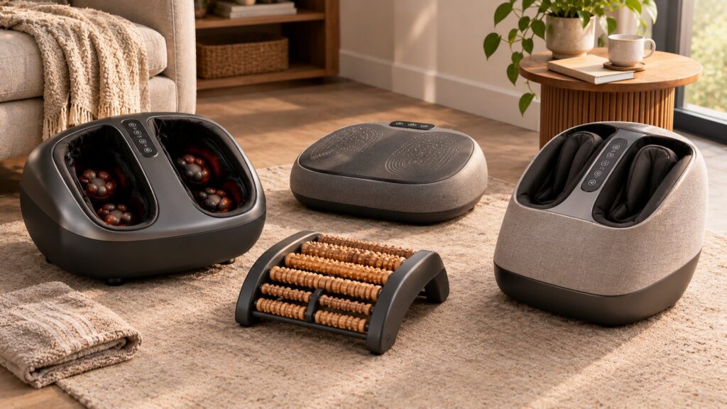 Foot Massager Types: Shiatsu, Vibration, Rolling and Compression Different types of foot massagers including shiatsu vibration rolling and compression models
