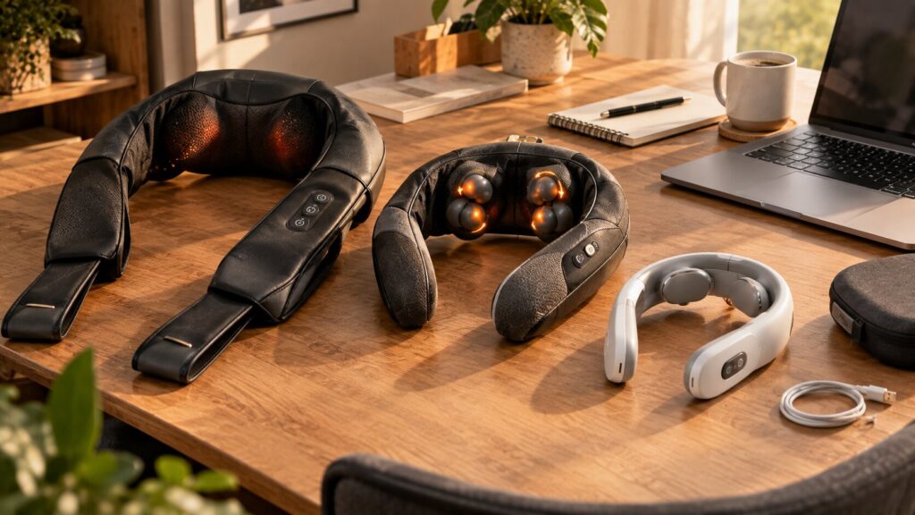 Neck massager buying guide showing coverage controls heat and portability features
