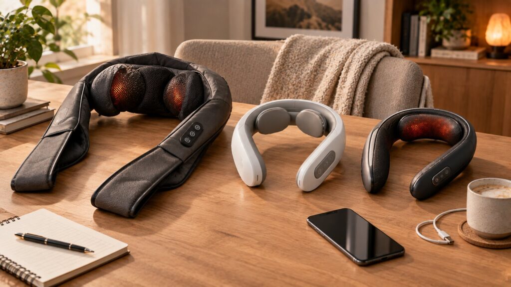 Different electric neck massagers showing features such as heat, adjustability and portability